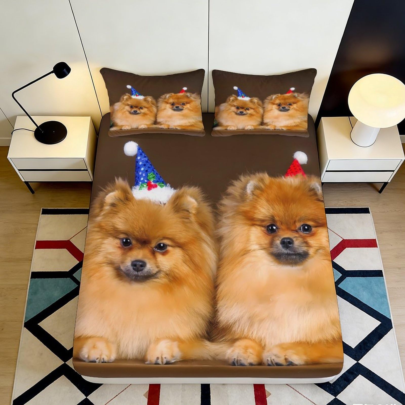 3D Printed Pomeranian Dog Fitted Sheet Microfiber Brown Cute Puppy Christmas Hat Mattress Cover for Bedroom Guestroom Decor 90x200x25cm
