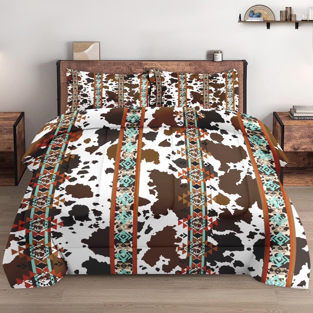 Comforter Set King Size, Cow Brown Cowhide 3 Pcs Soft Bedding with 2 Pillowcases for Kids and Adults, Vintage Western Animal Comforter Set for Bedroom Bed Decor King Cowhide Print
