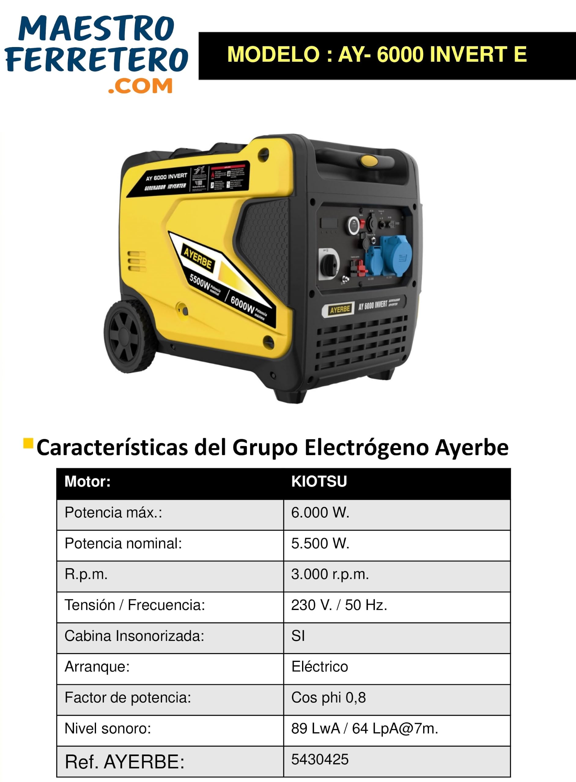 Generador Inverter AY-6000 con Arranque Eléctrico - Maestro Ferretero