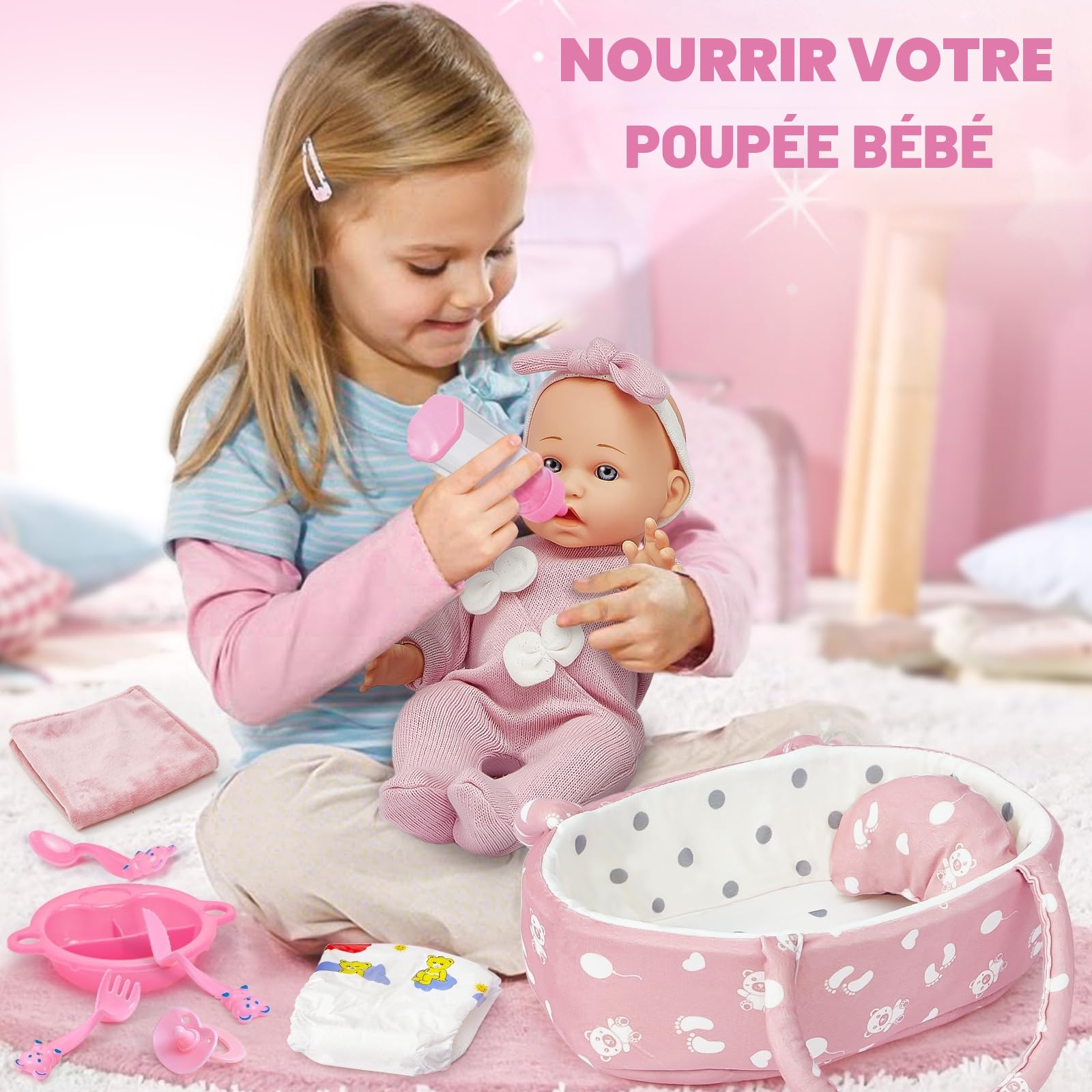 vamei Accessoire Poupon pour Poupon Bébé, Lit Portable pour Poupée avec Vêtements de Poupée & Couches pour Poupee Bébé & Sac à Langer & Biberon & Tétine, Cadeau pour Fille 2 3 4 5 an