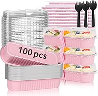 YQER 100 Pack Pink Mini Loaf Pans 6.8oz with Lids Spoons Stickers Disposable Aluminum Baking Pans