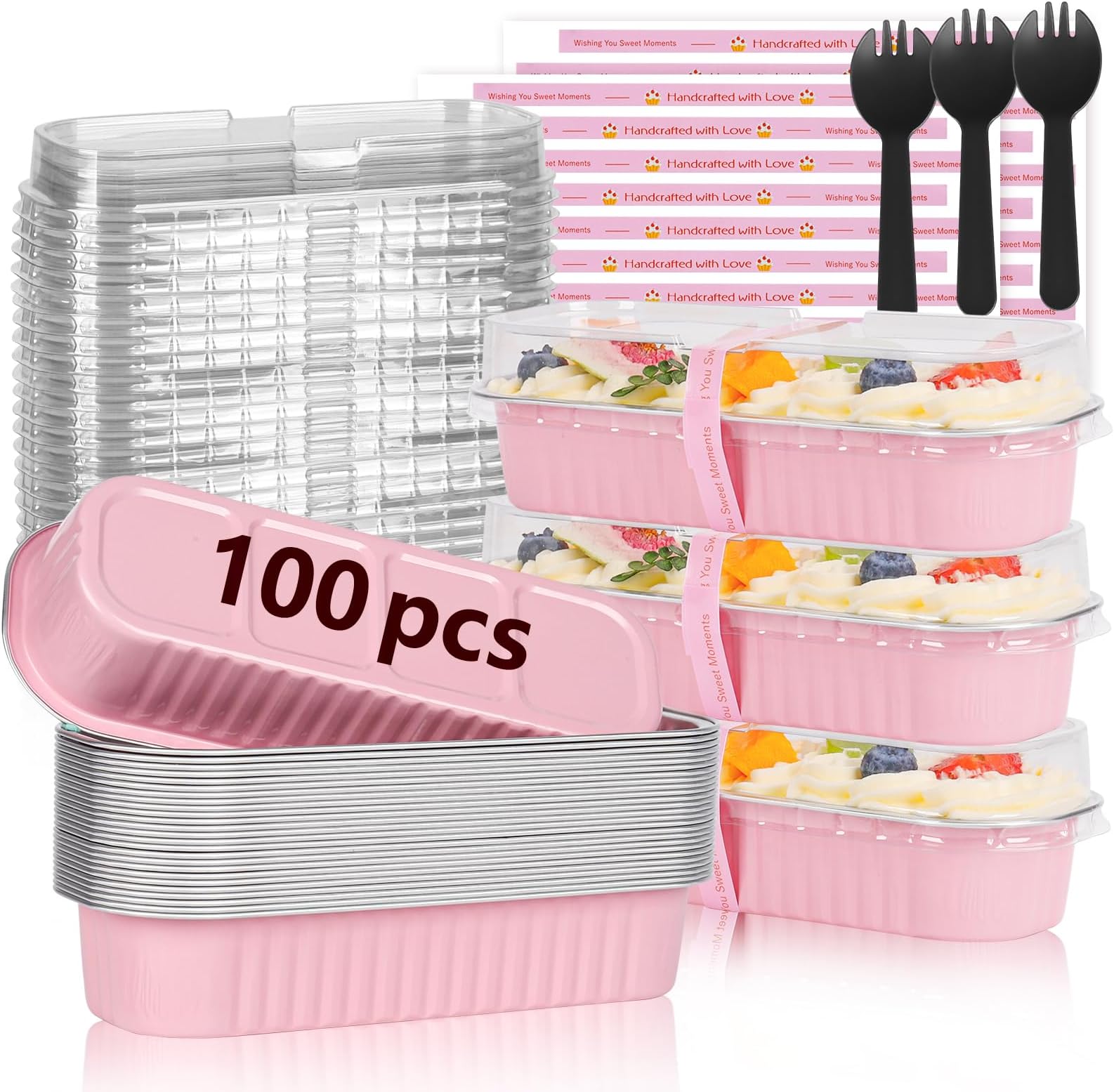 YQER 100 Pack Mini Loaf Pans with Lids and Spoons Sealing Sticker, 6.8oz Mini Cake Pans for Baking, Disposable Aluminum Foil Loaf Pans, Pink Loaf Baking Pans, Small Cake Containers With Lids