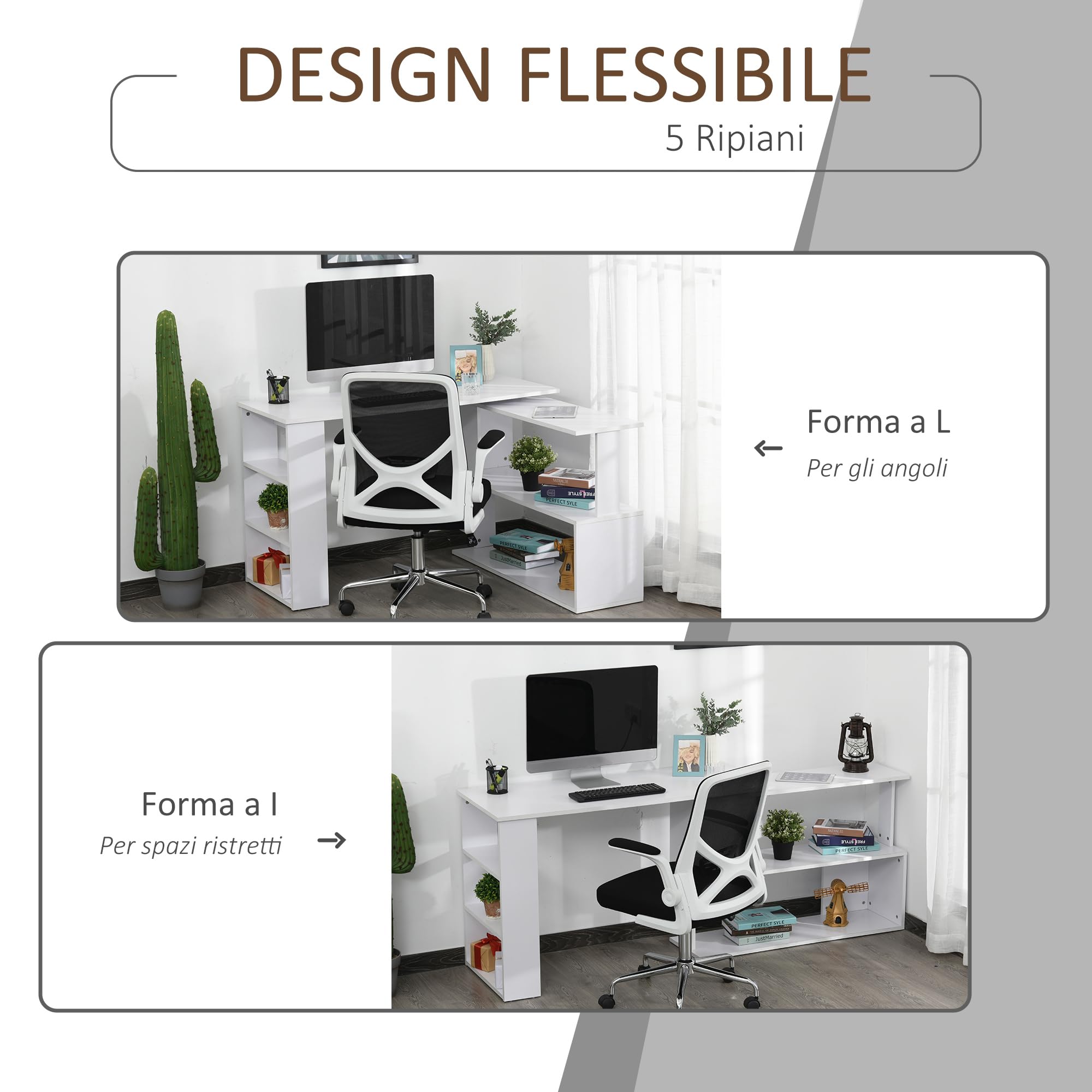 HOMCOM Scrivania Angolare Reversibile con 5 Ripiani Portaoggetti, Scrivania ad Angolo per Computer in Legno, per Ufficio, Soggiorno e Studio, Stile Industriale, 120x110x74.5 cm, Bianco