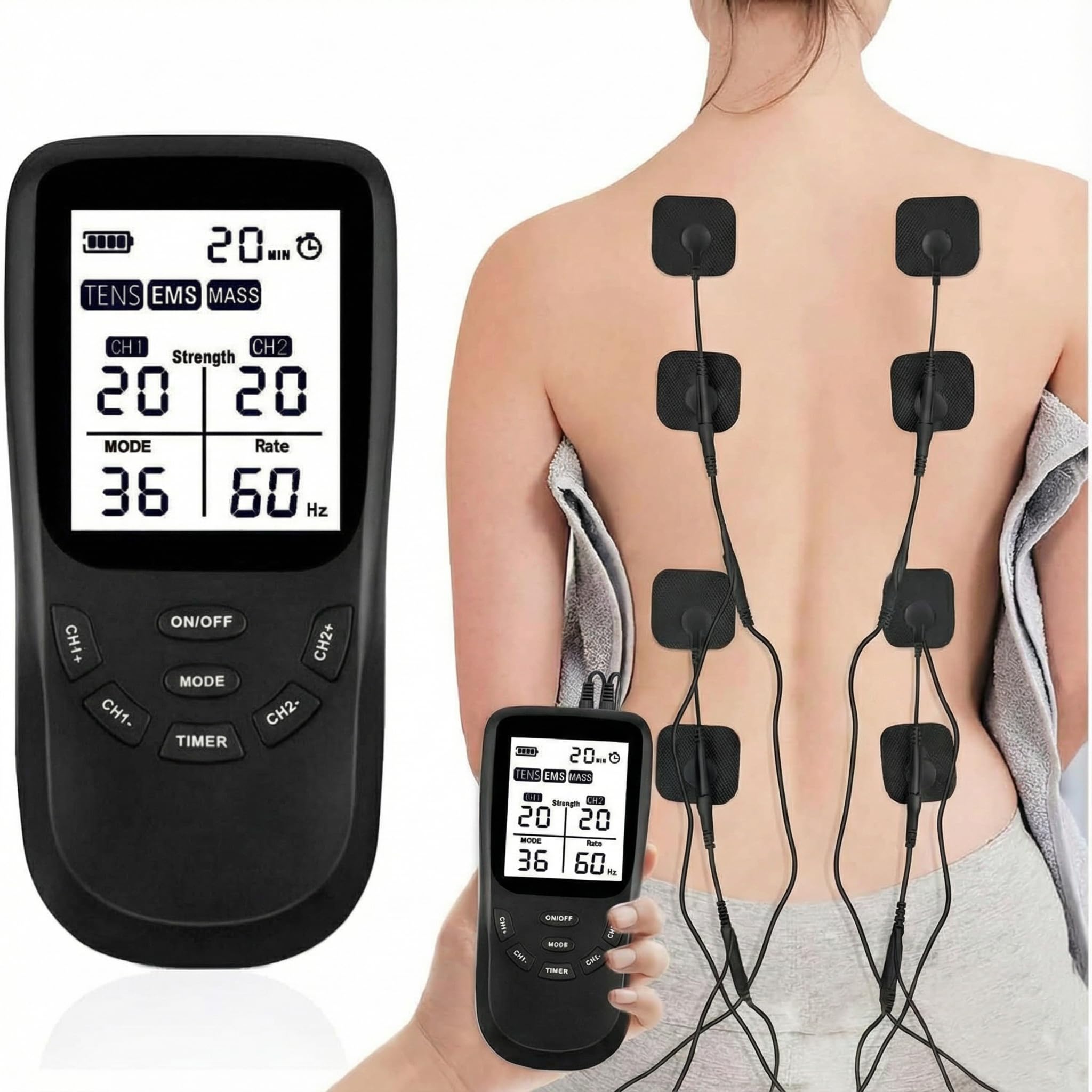 Électrostimulateur musculaire 3 en 1 :TENS/EMS/Massage, thérapie anti-douleur TENS, stimulation électrique des muscles EMS, facile à emporter,36 programmes de Massage + 8 électrodes