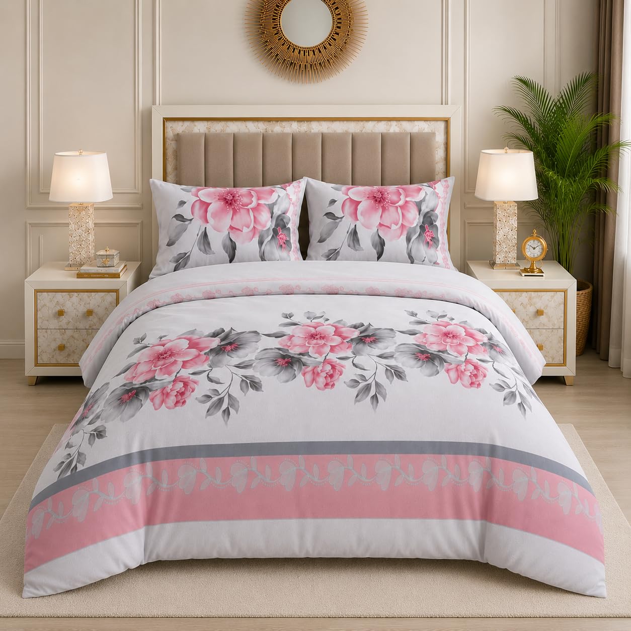 Trendy 4 Piece Complete Bedding Set – Soft Microfiber Double Duvet Cover, Fitted Sheet & 2 Pillowcases | Floral Printed, Wrinkle-Free & Lightweight for All Seasons