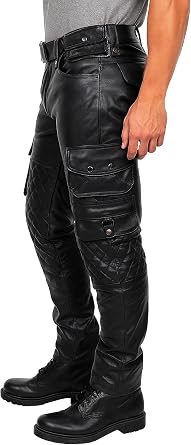 Men's Leather Pants Biker Joggers Black Leather Quilted Cargo Trousers Motorcycle Pants
