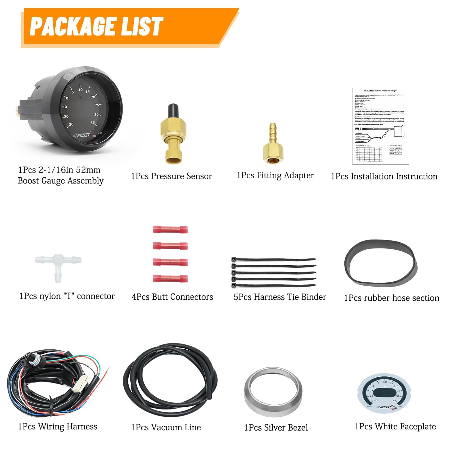 30-4406 X Series Boost Gauge Sensor Kits Upgrade,52mm 2-1/16in Digital Pressure Gauge 30-35psi with Boost Sensor, Match AFR UEGO Wideband Air Fuel Ratio Gauge Kit Analog Silver Bezel White Faceplate