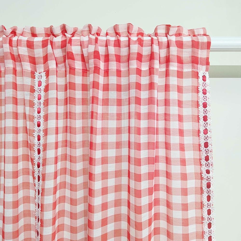 French Country Buffalo Check Balloon Curtain, Red and White Gingham Pattern, Rod Pocket Design, Tie-Up Roman Shade for Kitchen, Cafe Small Window 1 Panel (W57xH31 inch)