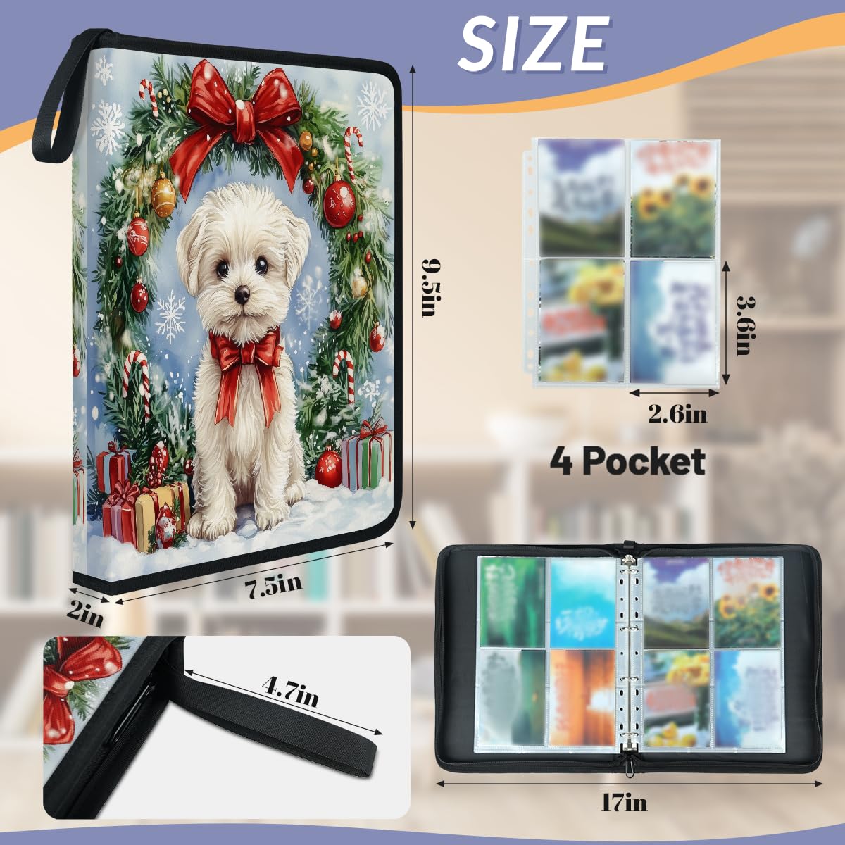 Raccoglitore per carte collezionabili con 4 tasche, per carte di Natale, con motivo con foglie di Natale, fiocchi di neve, con maniche rimovibili, impermeabile, con cerniera, 50 pagine, capacità 400
