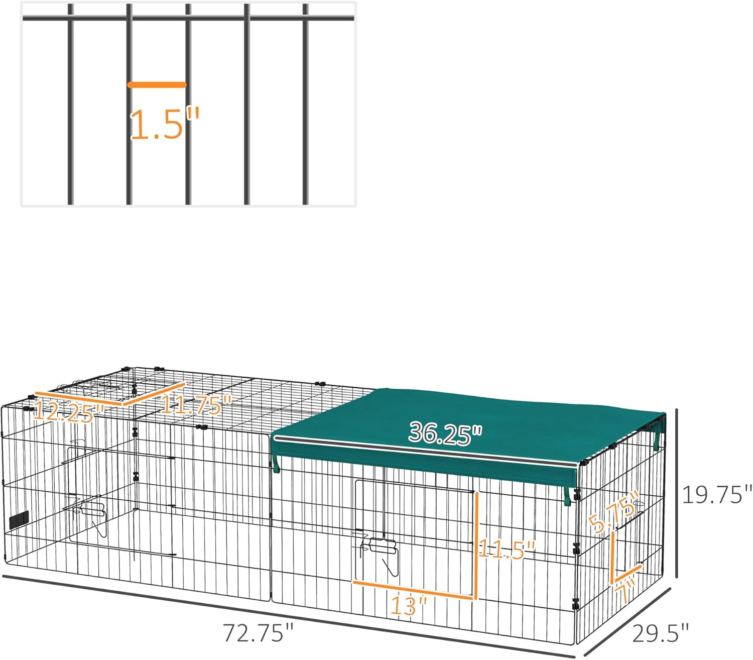 PawHut Metal Chicken Coop, 73" x 30" x 20" Chicken Run Pen for Yard with Cover, Portable Catio Poultry Cage Indoor Outdoor Backyard, Cat Cage for Rabbit, Duck, Hen, Small Animal, Chinchillas, Green