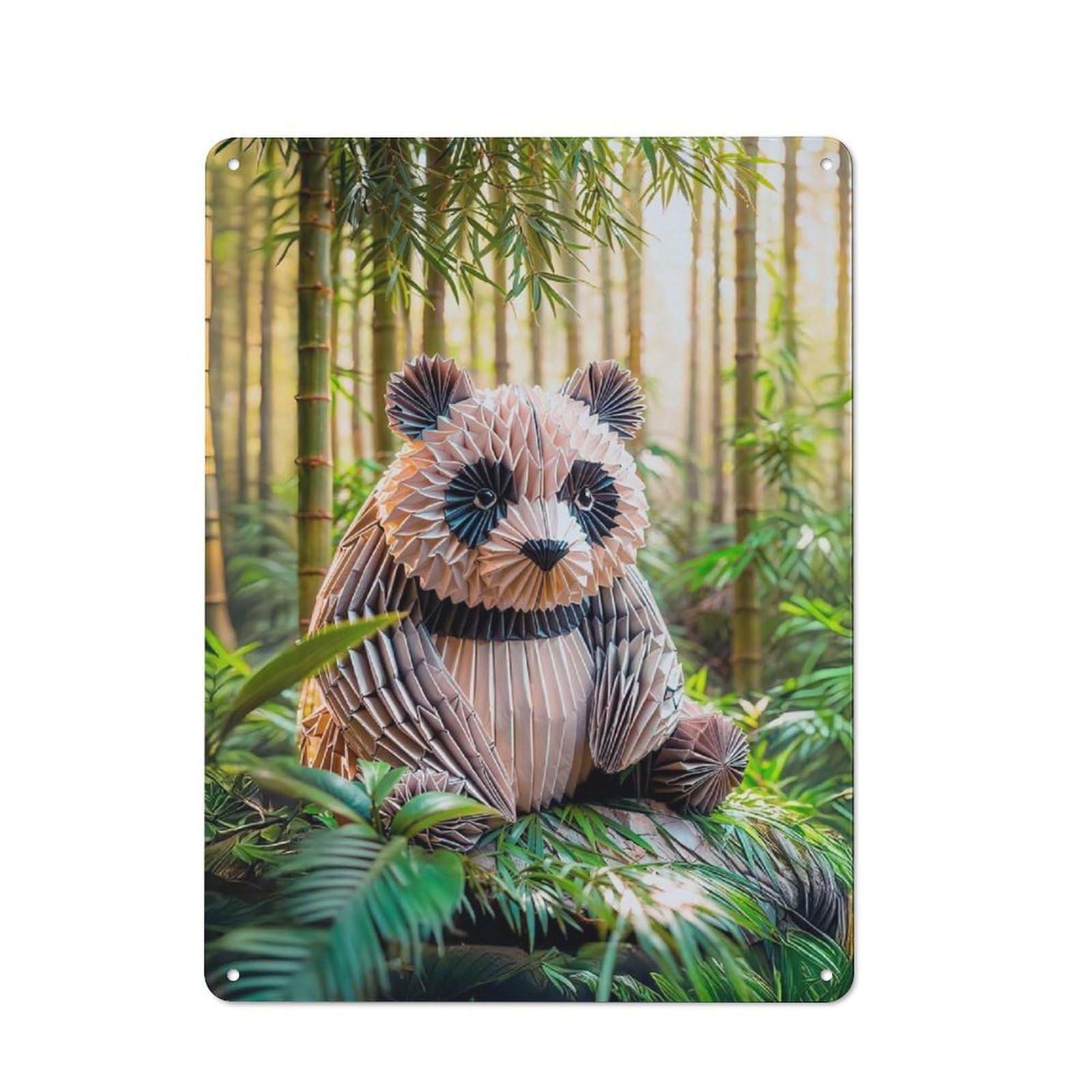 Tin Wall Plaque 40x30cm with Origami Panda in Bamboo Forest for Workshop Wall, Housewarming Wall Decor for People Furnishing Workshop