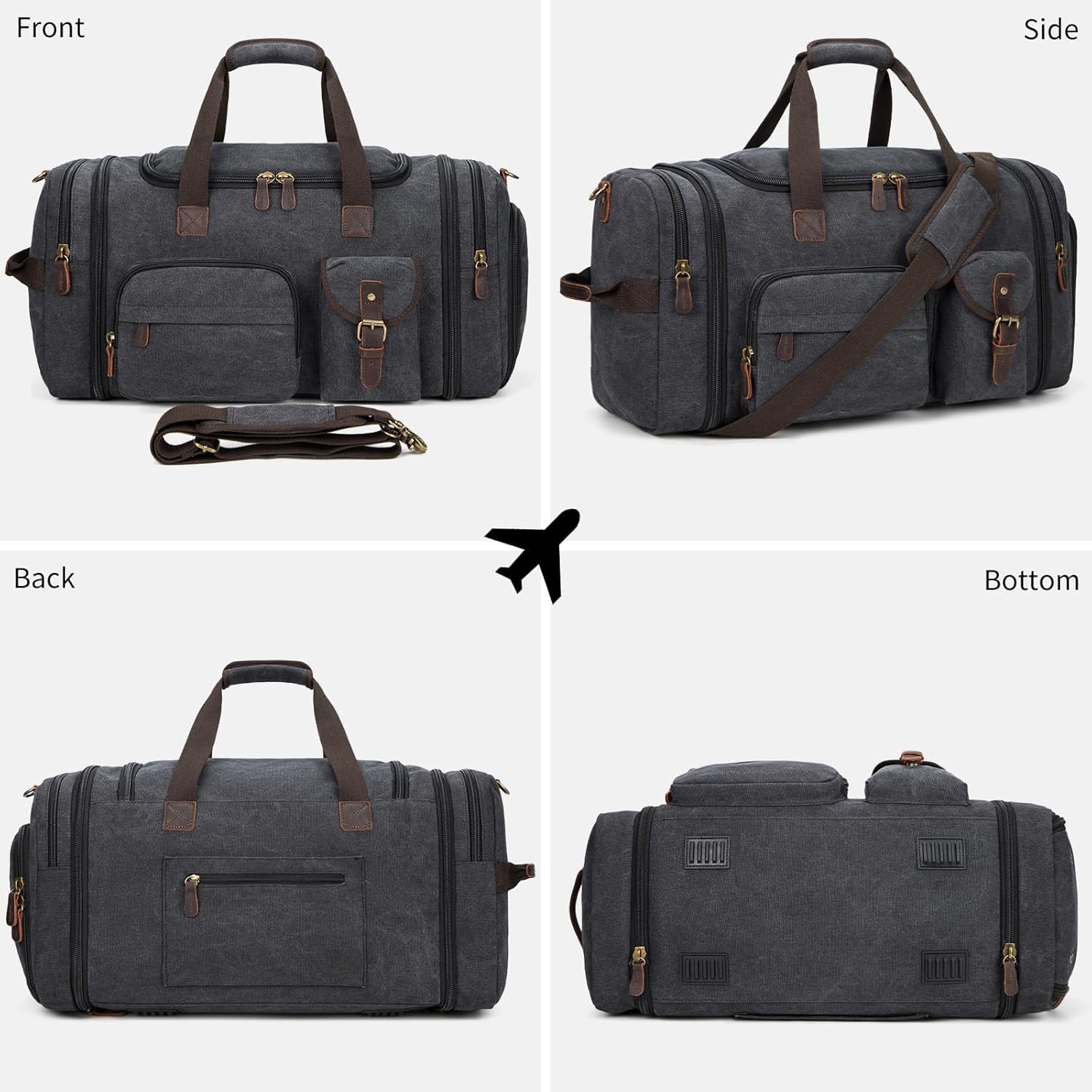 Bolsa de lona expandible para hombre, 60 litros, con compartimento para zapatos, para llevar a cabo el fin de semana, con compartimento para zapatos, para aviones, Gris-oscuro, Exteriores 7