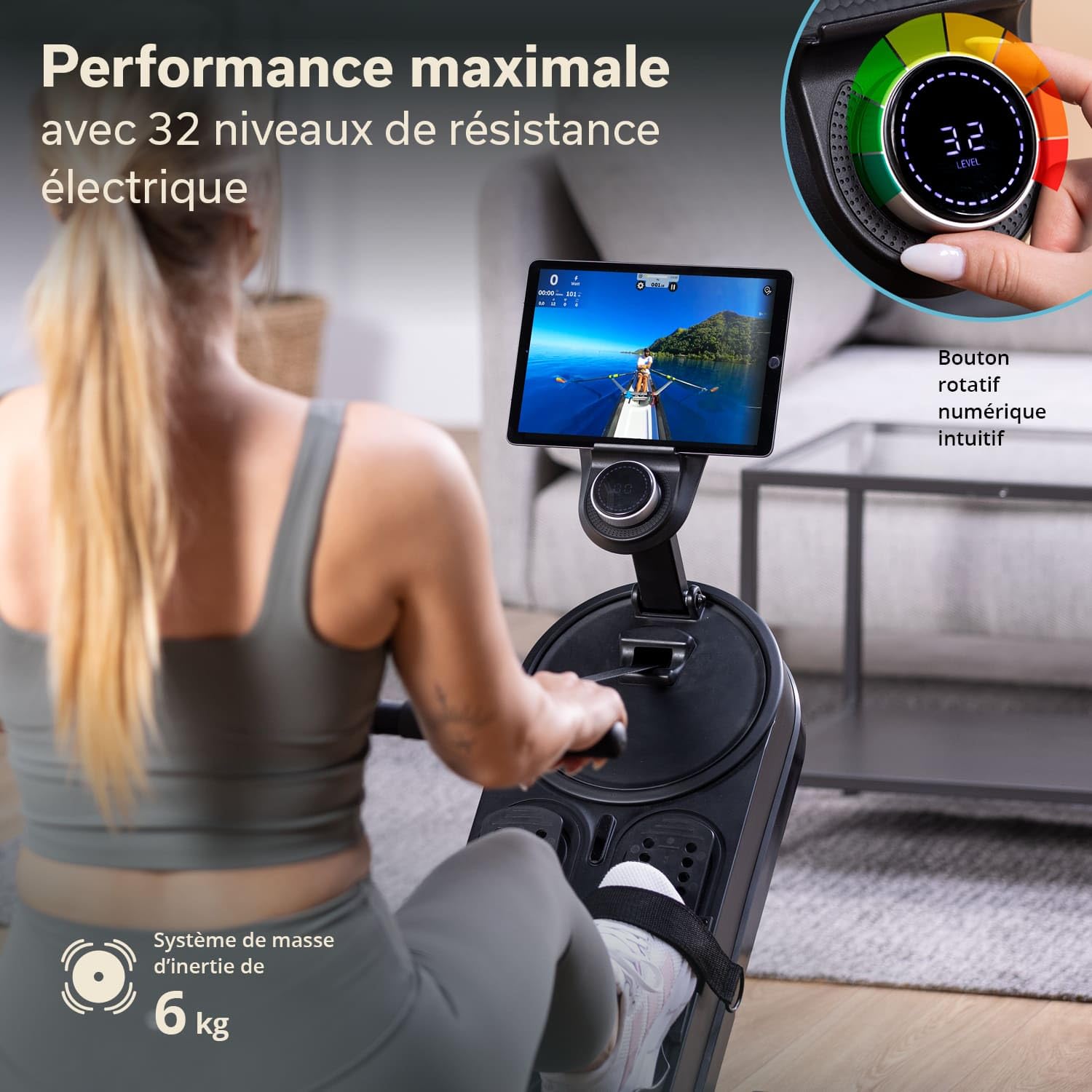Skandika Rovek Rameur en bois pour la maison, résistance magnétique avec 32 niveaux, système de masse d'inertie de 6 kg, compatible avec application Kinomap, jusqu'à 195 cm