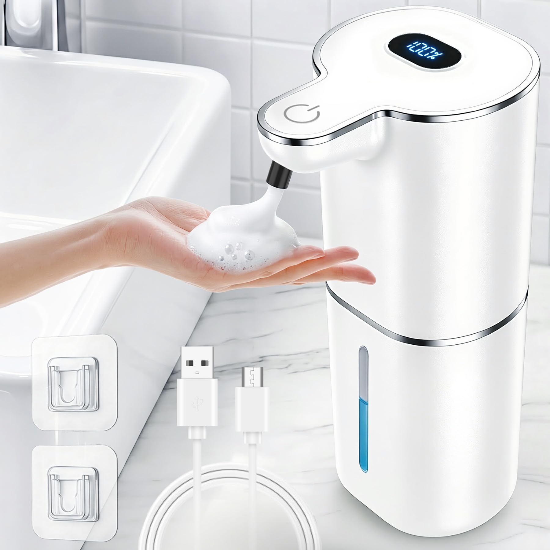 Dispensador de Jabón Automático, Dispensador de Espuma Eléctrico con Pantalla Digital, 6 Niveles Ajustables, Recargable por USB, Pared y Sobremesa, para Baño y Cocina (380ml, Blanco)