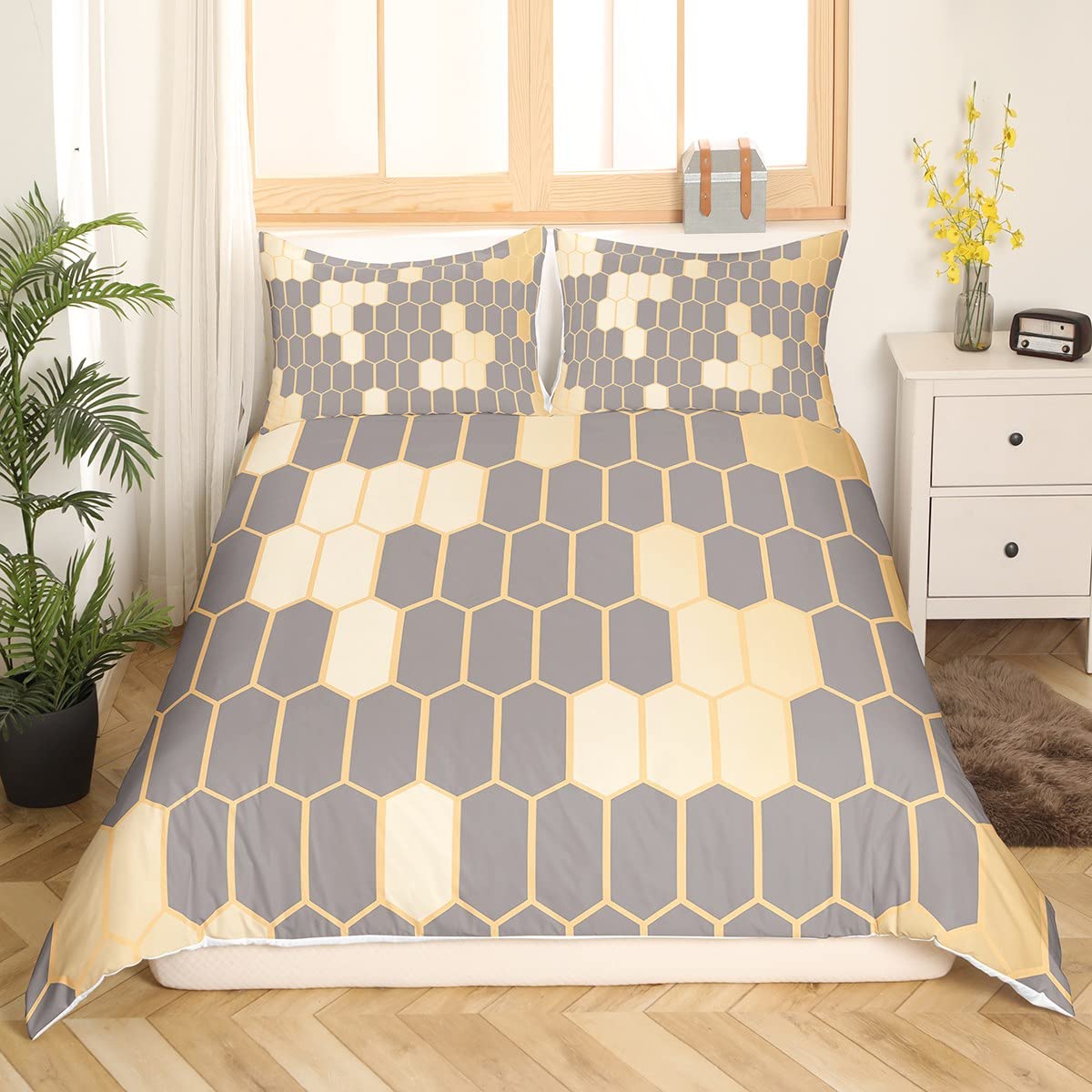 Homemissing Honeycomb Comforter Cover for Girls Boys Kids Hexagonal Bedding Set Room Decorative Geometric Duvet Cover Golden Grey Pattern Bedspread Cover Single Size 2Pcs Bedclothes โ image 1