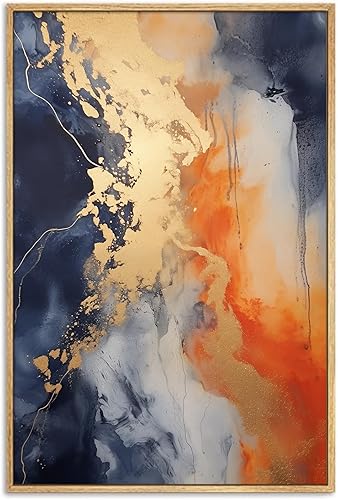 Jinboonees Imágenes azules y grises doradas, naranja, azul, arte abstracto de color naranja y gris, lienzo de pared azul y naranja, 16 x 24