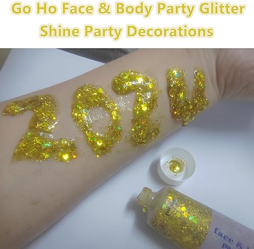 Miniatura 5 de Go Ho Gel dorado con purpurina para la cara, cuerpo, maquillaje con purpurina para conciertos de cantante, lentejuelas gruesas holográficas de larga