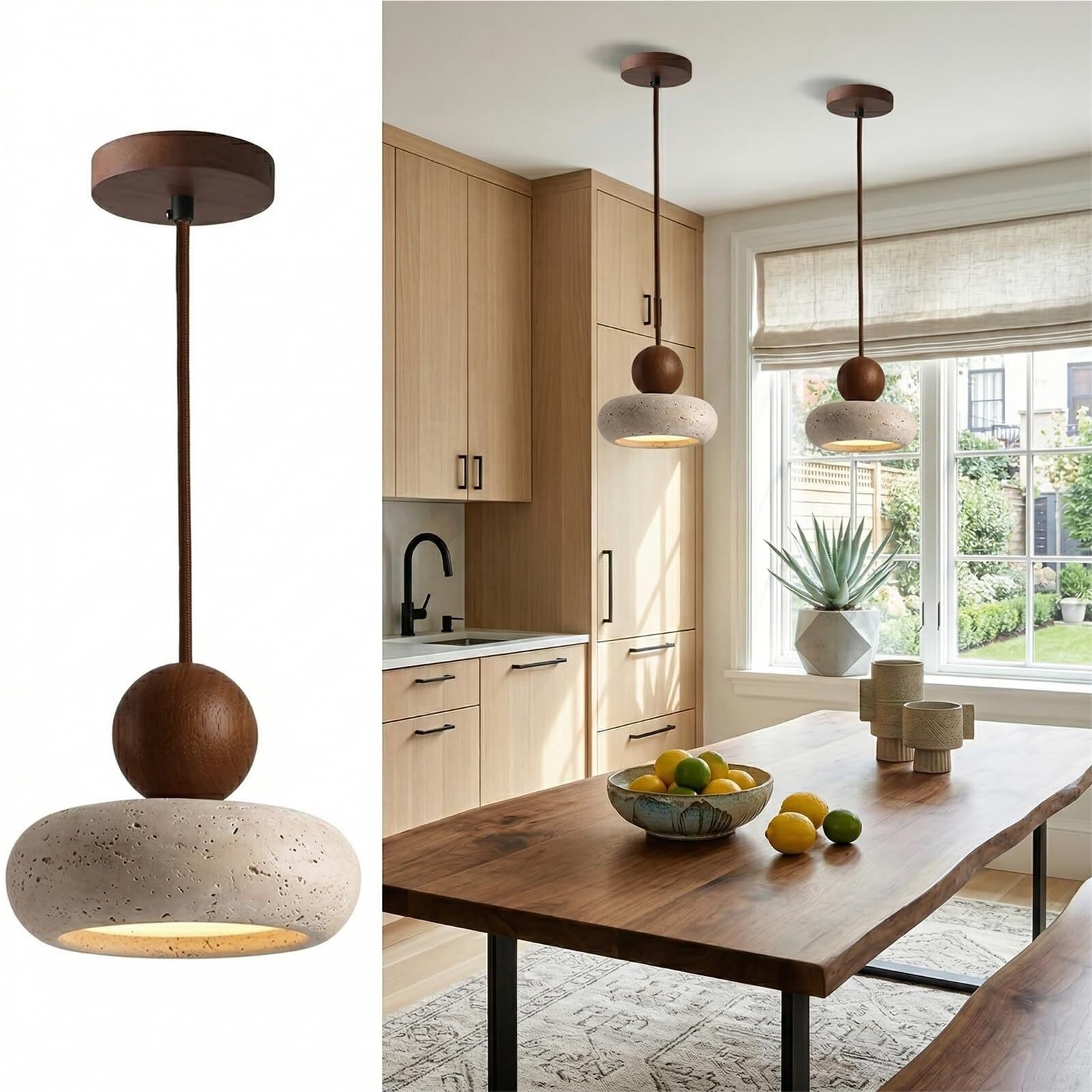 HUAYUSEDF Natural Yellow Travertine LED Pendant Lamp Chandelier Hanging Lighting Ceiling Fixture 3000K for Bedroom Kitchen Island Dining Room Interior(A)