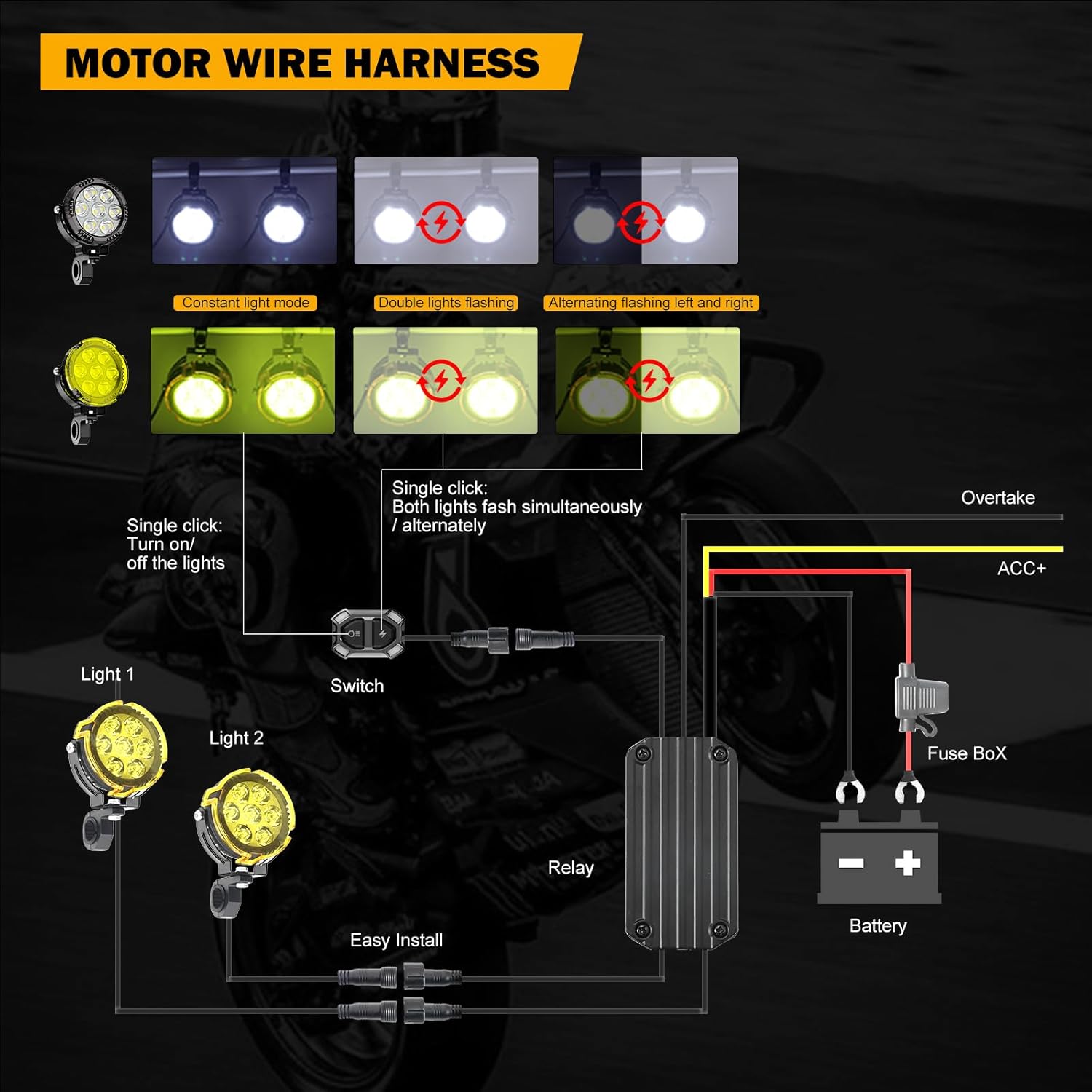 4.5 Inch Round Motorcycle LED Fog Light, 100W Amber White LED Driving Spotlight Auxiliary Light Kit Offroad Lights with Mount Brackets Wire Harness for Motorcycle Wrangler Car Truck UTV ATV