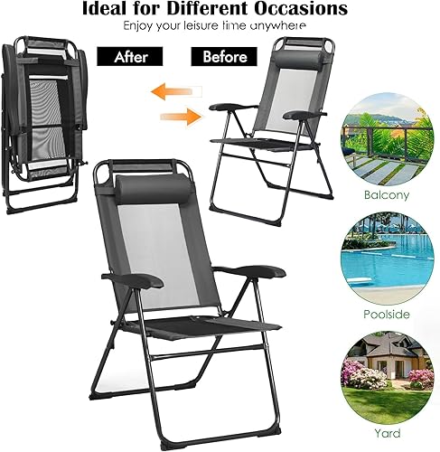 Miniatura 8 de UJOYPAD - Juego de 2 sillas reclinables plegables, sillas plegables con respaldo ajustable de 7 niveles, sillas de patio portátiles para adultos,