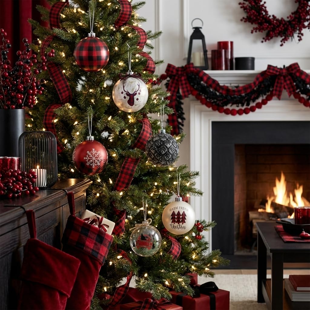 Valery Madelyn Lot de 16 boules de Noël incassables rouges et noires pour sapin de Noël, 8,9 cm, ornement décoratif à suspendre en vrac pour décoration de fête de Noël
