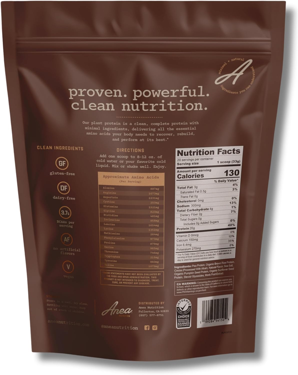 Anea Plant Protein - Chocolate | 20g Vegan Protein | Complete Amino Acids | Dairy-Free, Gluten-Free, Cholesterol-Free | Rich Chocolate Flavor | Made in GMP Facility