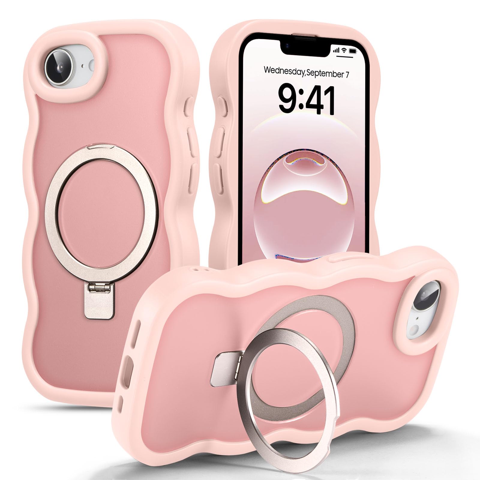 UEEBAI 対応 iPhone 17e/iPhone 16e 用の ケース 半透明 TPU ウェーブデザイン スマホケース 可愛い 人気 おしゃれ ケース Magsafe対応 横縦両立 薄型 軽量 マグネット搭載 波型 バンパー スマホケース - ピンク