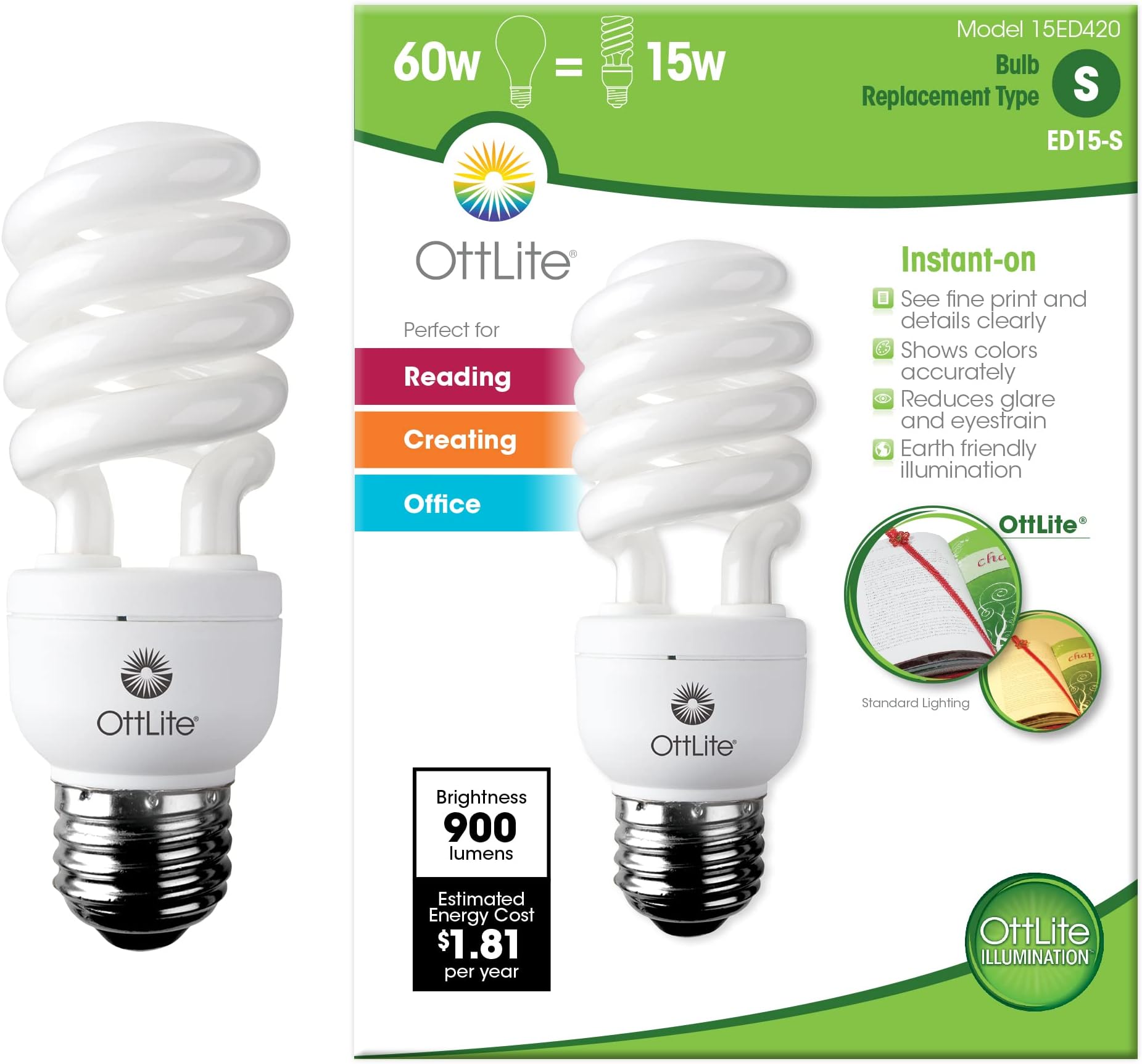 OttLite 15W Swirl Screw in Light Bulb Compact Fluorescent Light Bulbs