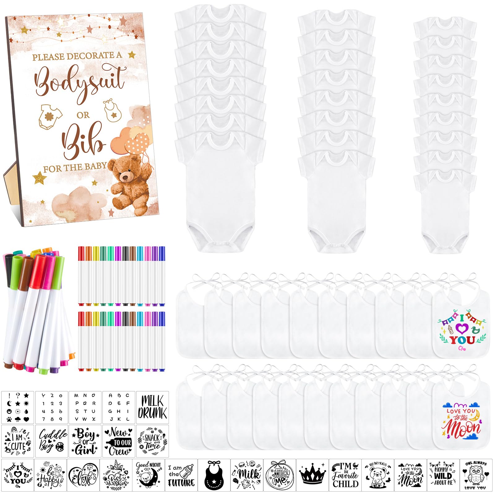 Panitay 100 Pcs Blank Bib Bodysuit Baby Shower Set Baby Shower Sign Blank Feeder Bib DIY Bodysuit Fabric Colorful Marker(Brown Bear)