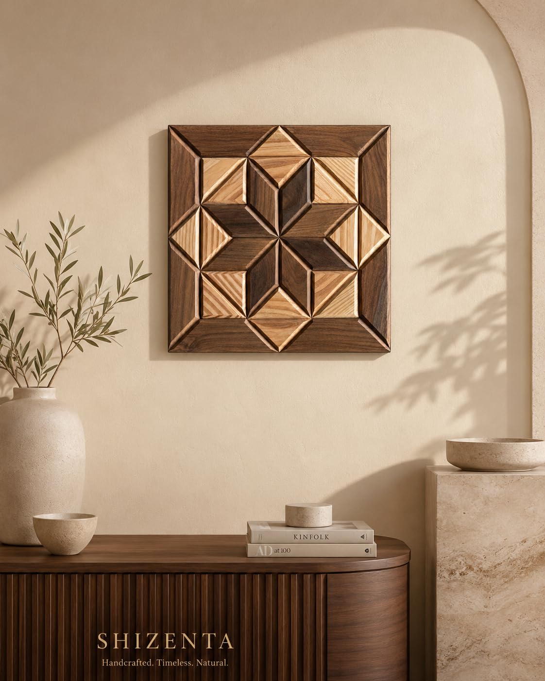 Wooden Mosaic Wall Art, Handmade Sheesham & Pine Wood Panel | Geometric Pattern, Natural Wood, Handcrafted Wooden Art, Modern Home Decor-image-7