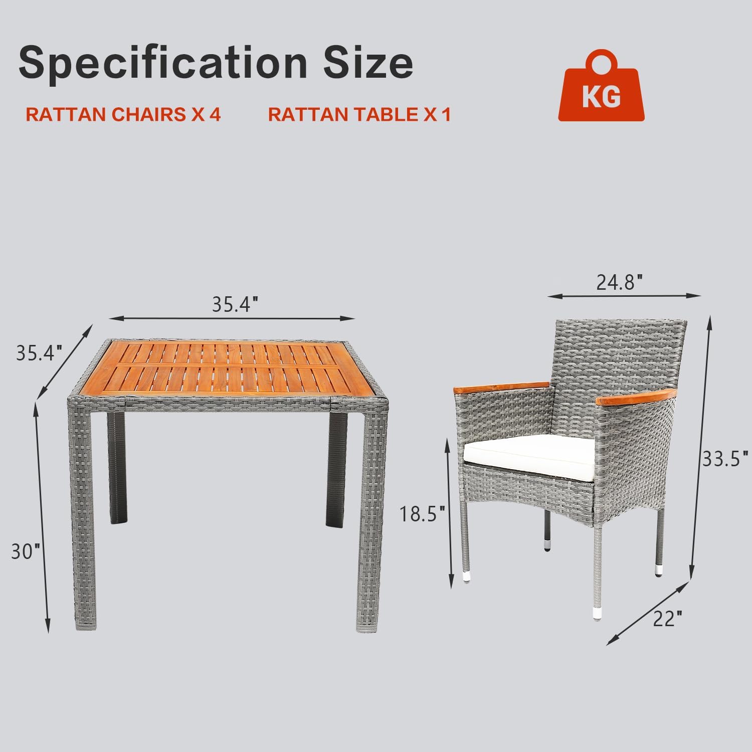 Patio Dining Sets with Soft Cushions Rattan Chairs with Acacia Wood Armrest Outdoor Patio Furniture Sets for Patio, Yard,Deck,Gazebo, Grey