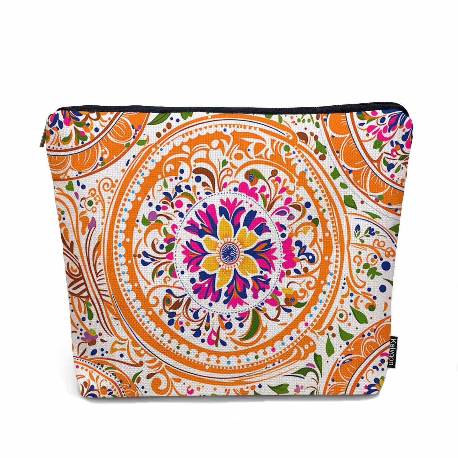 Kalygon Mandala Floral Makeup Organizer Bag Cosmetic Bag For Men Women, Ethnic Paisley Flower Travel Toiletry Bag Flax Makeup Bags Purse Business