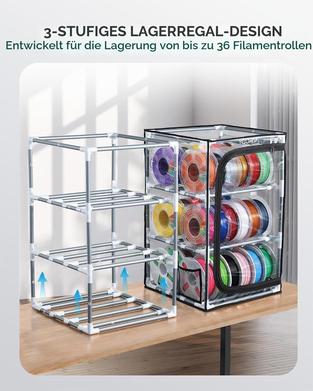 YOOPAI Filament Aufbewahrungsbox, 3-stöckiges Metall Regal mit transparenter Abdeckung & Trockenmittel – Für 30 Rollen (PLA, ABS, PETG, TPU), luftdichtes Design, platzsparend für Werkstatt & Heim