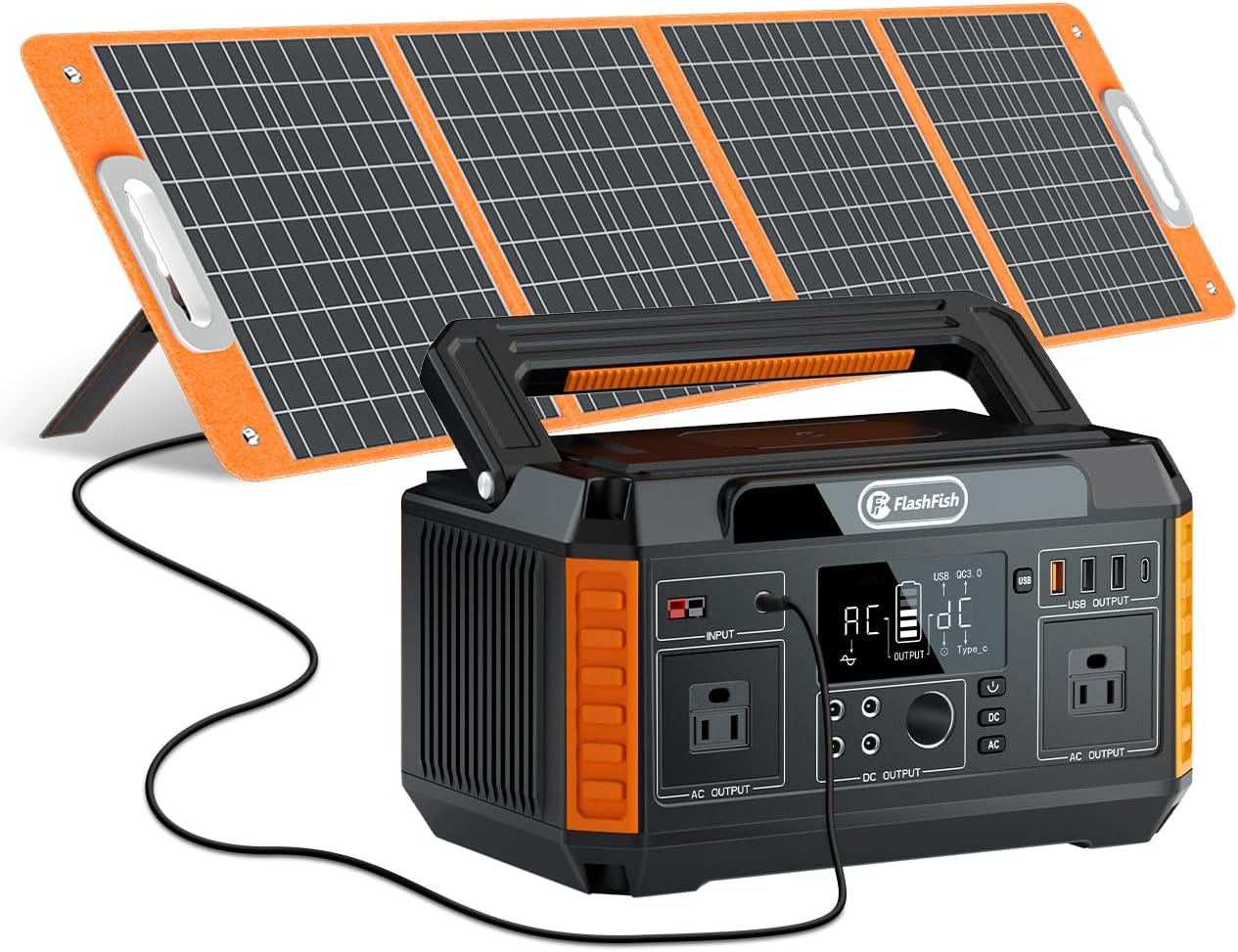 Flashfish P60 520Wh Portable Power Station 560W Ac, 1100W Peak, with 4 DC, USB-A & USB-CPorts + TSP100 100W High-Efficiency Monocrystalline Solar Panel, Backup Power for Camping, Rv,Travel & Off-Grid