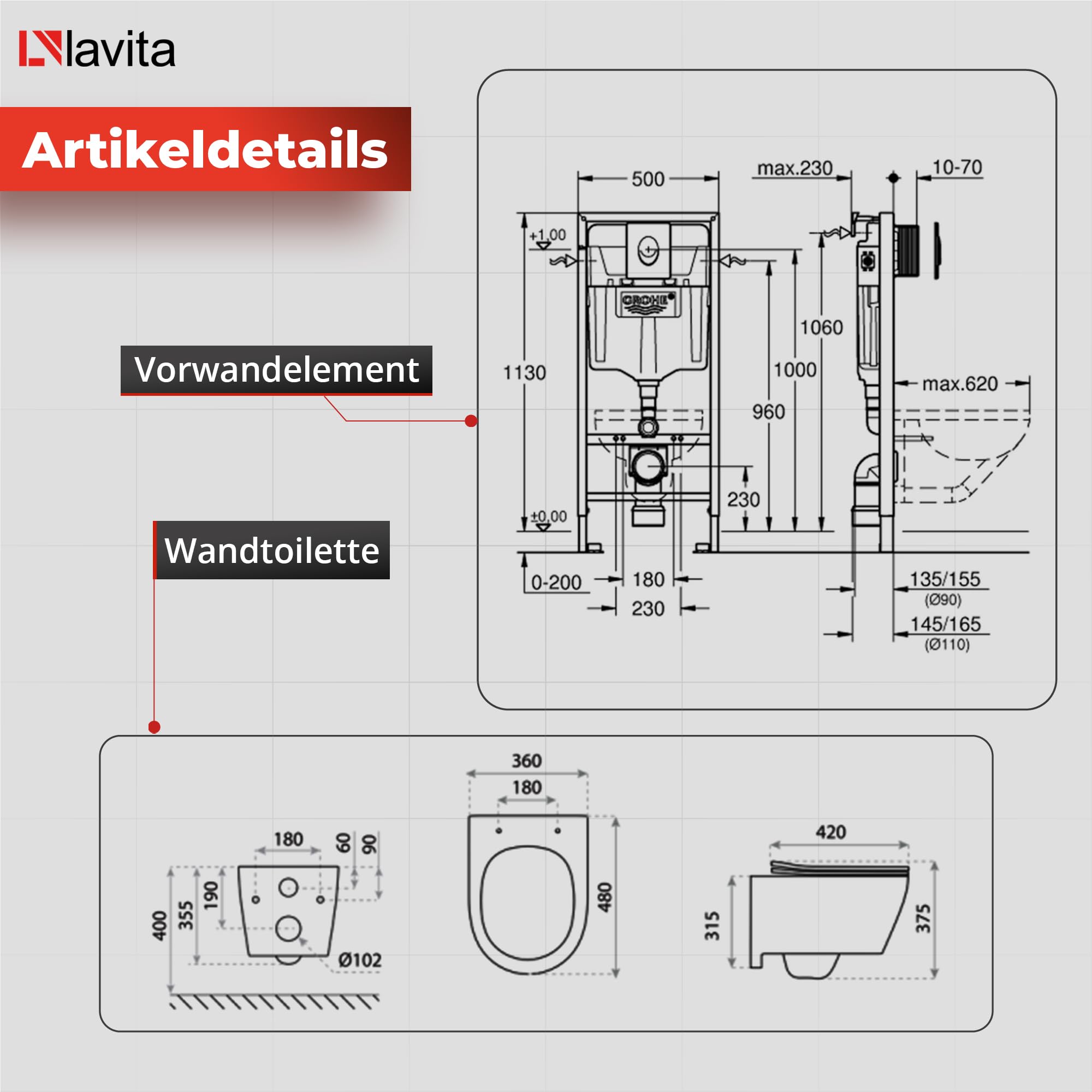 LAVITA Vorwandelement Solido Start + Wand Hänge WC Praia Weiß Spülrandlos + + WC Sitz mit Absenkautomatik Verchromter Knopf Komplettset Unterputz Spülkasten Toilette Komplett Sett WC
