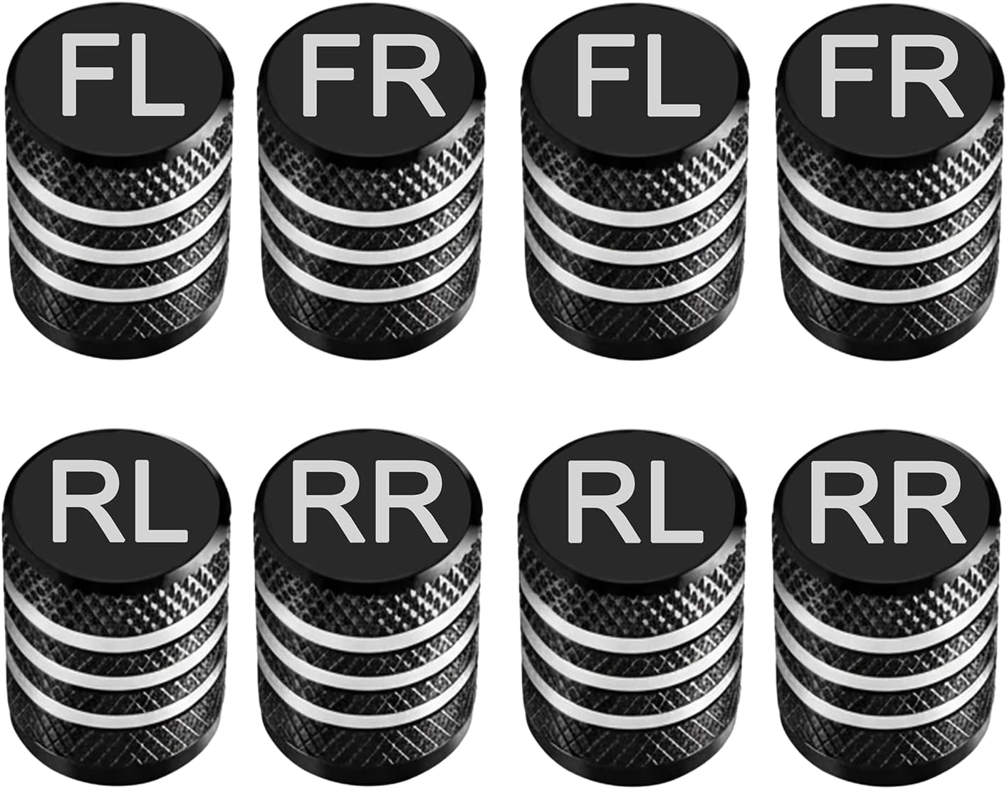 Tire Valve Stem Caps Set of 8 Laser-Engraved Aluminum Car Tire Caps | Labeled (FR FL RR RL) Caps with Plastic Liner Anti-Corrosion | Schrader Valve Stem Covers Cars Trucks Bikes