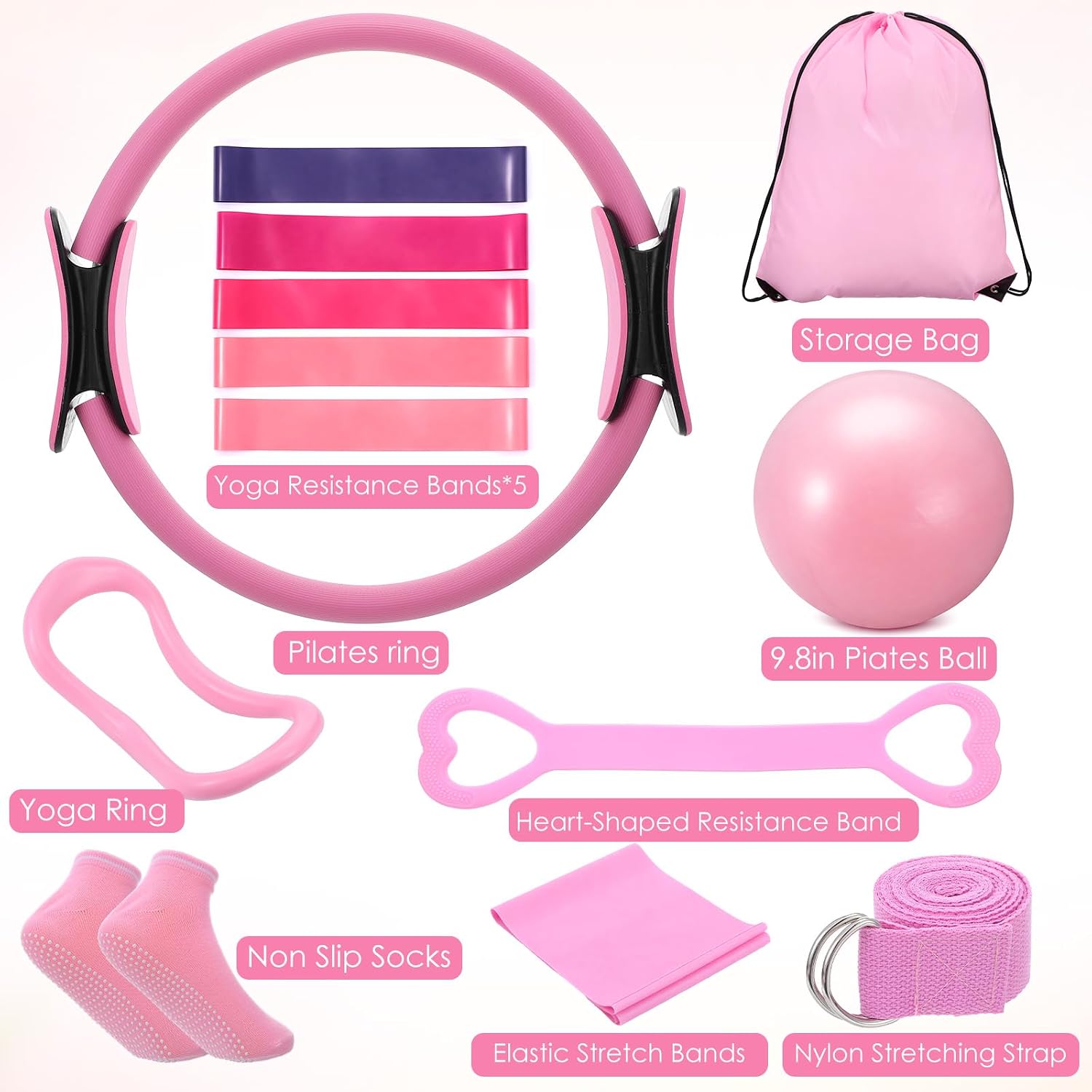 Pilates Kit for Home Workouts Pilates Equipment Set with Ring and Ball | Resistance Bands Yoga Strap Socks Bag Guide Pilate Essentials Kit for Women Gym Home Starter Pilate Workout Kits