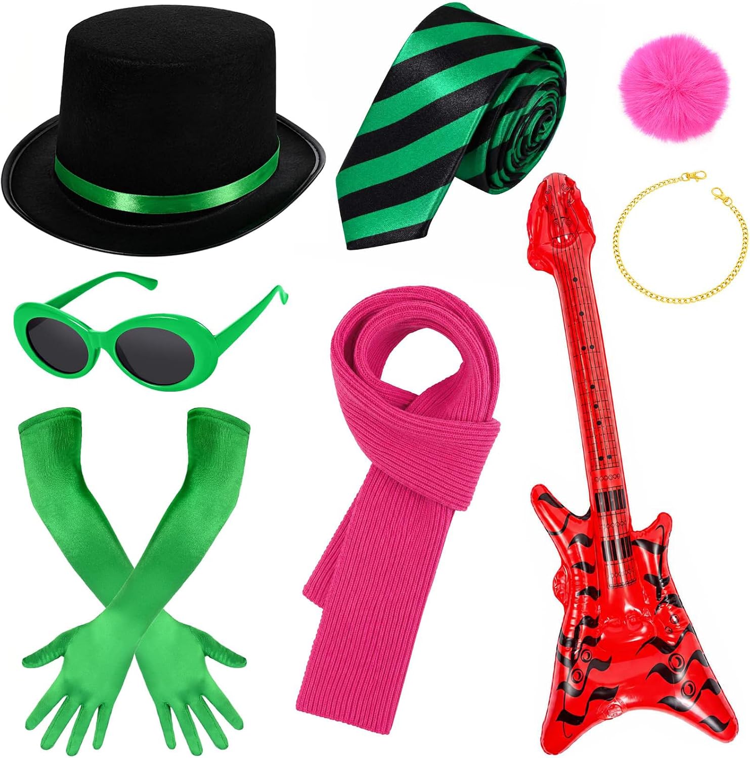 Halloween Green Costume Set with Top Hat,Striped Tie,Sunglasses,Long Gloves,Scarf,Guitar Prop,Gold Chain and Pom Pom for Men Women Party Dress Up