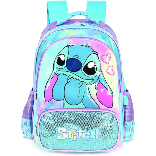 Mochila Infantil, Luxcel, Stitch, Azul, G, Cetim com Pelúcia