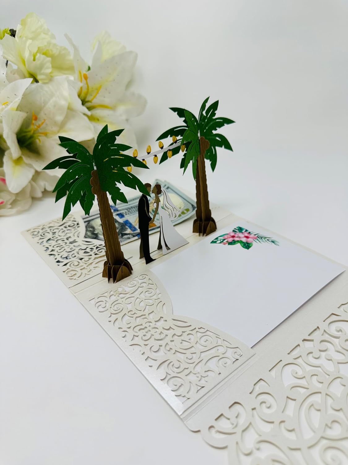 Wedding Cards for Bride and Groom - Pop-Up Congratulations Card with Money Holder for Cash Gift – Elegant Marriage Card for Bridal Shower, Wedding Shower, Son & Daughter in Law, Engagement, or Newlywed with Envelope Palm Tree Design (Dark Skin Tone) Palm Tree Dark Skin Tone image 4 of 5 B0F3FVTR7N