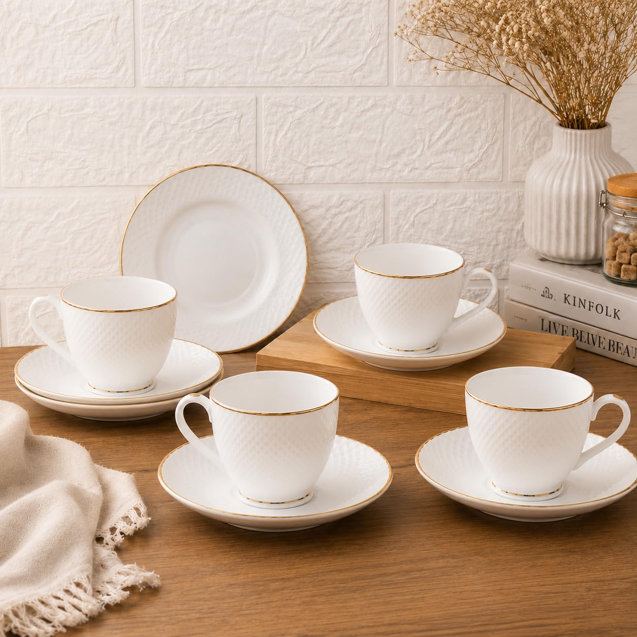 Femora Ceramic Gold Line Diamond Cut White Cup with Saucer Set of 12 Pcs | Tea/Coffee Cups 200 ml | Microwave & Dishwasher Safe | Bone-Ash Free | Crockery Set Ideal for Daily Use & Gifting, White-image-27