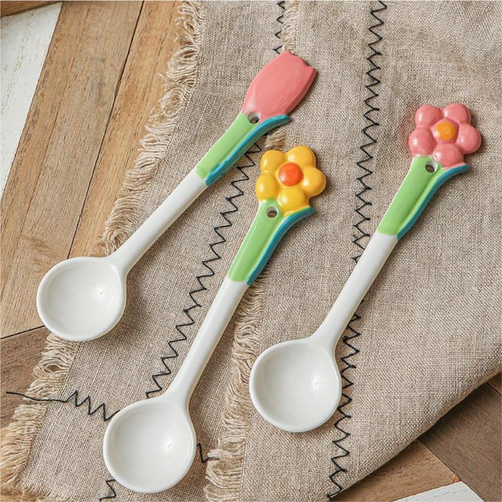 Spoons, Spoons 3-pack Creative Flower Spoon Home Simple Ceramic Dessert Spoon Long Handle Soup Spoon Coffee Spoon