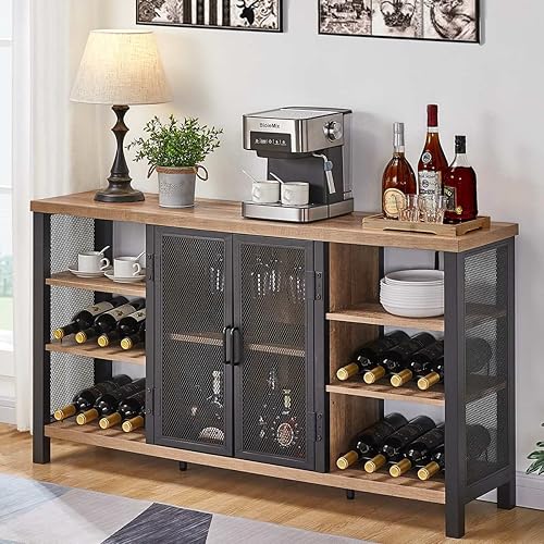 FATORRI - Gabinete industrial de barra de vino para licores y vasos, gabinete de café de madera de granja con estante de vino, aparador de metal y