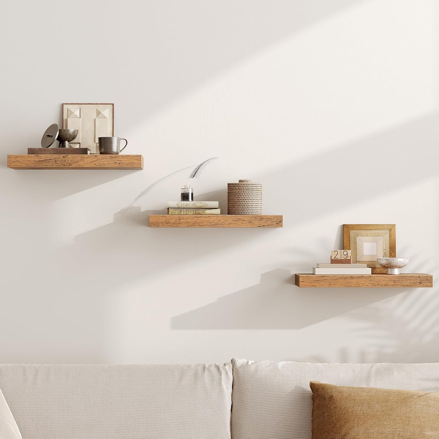 RALGEND Floating Shelves for Wall, 1.5" Thick Wall Shelf Set of 3 with Invisible Brackets, 15.7L x 7.9W Hanging Shelves Farmhouse Home Decor for Bathroom, Living Room, Bedroom, Rustic Brown 4301BJP3BF