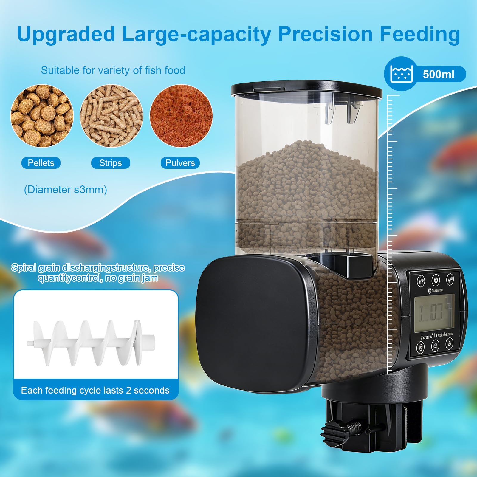 Automatischer Futterspender Fische mit DREI zeitgesteuerte Fütterungsmodi,500ml Futterautomat Aquarium für Koi Fische Teich mit LCD Display Controller Fish Feeder Automatic,Präzisionsfütterung