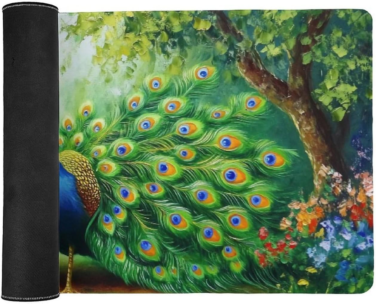 Desk Pad Mat Large Mousepad Peacock Animal Bird Elegant Green Nature Flower Painting Large Mouse Pad for Desk Pad Mat for Keyboard and Mouse Pad Office Supplies for Desk 40x90cm