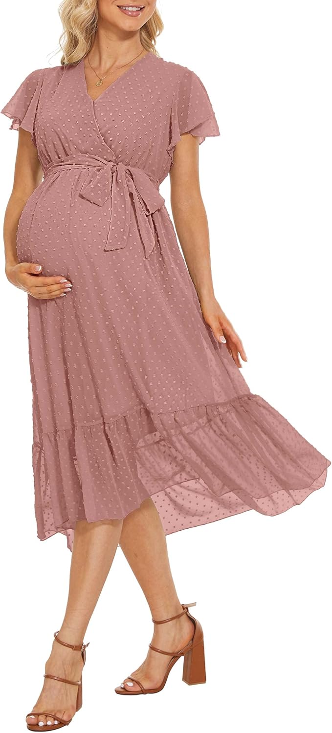 Faux Wrap Swiss Dot Maternity Dress with Belt/Ruffle Sleeve Midi Dress Baby Shower Casual Summer