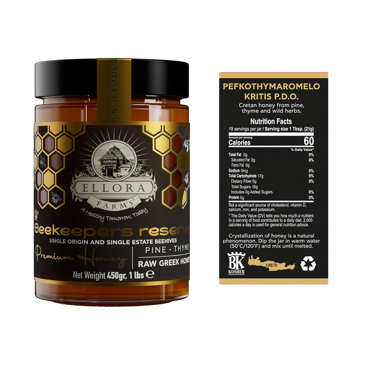 Ellora Farms Single Estate PDO Raw Greek Honey, Pine & Thyme Raw Honey Unfiltered, Beautiful Gift Pack with Dipper, Beekeepers Reserve, Pure Raw & Unfiltered Cold-Pressed, Gluten Free - 450 g
