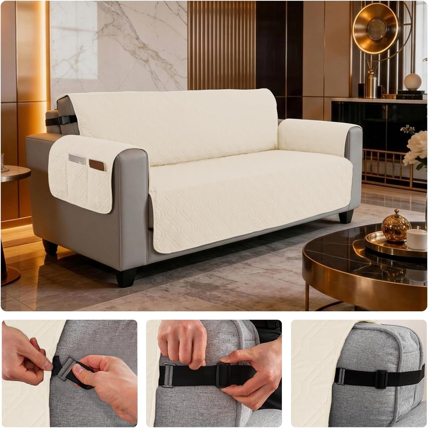 100% Waterproof Couch Cover for Dogs, Anti-Slip Washable Sofa Cover with Elastic Straps & Side Pockets, Quilted Furniture Protector for Kids & Pets (3 Cushion 68", Beige)