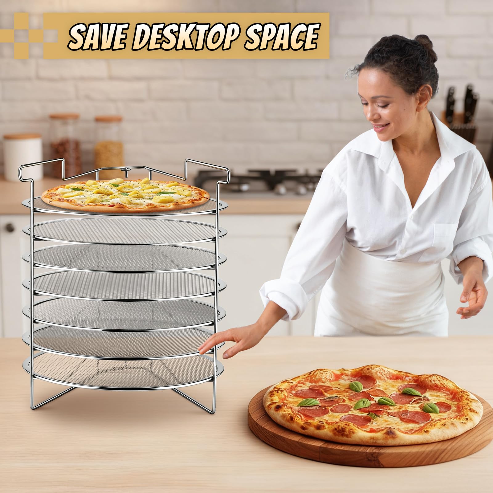 Honeydak Faltbares Pizza-Pfannenregal mit 7 35,6 cm großen Pizza-Backsieben für kompakte, bequeme und einfache Lagerung, Heim-Restaurant